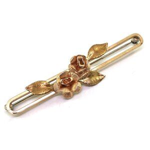 vintage Krementz roses bar pin rose yellow gold two tone flowers Coquette brooch